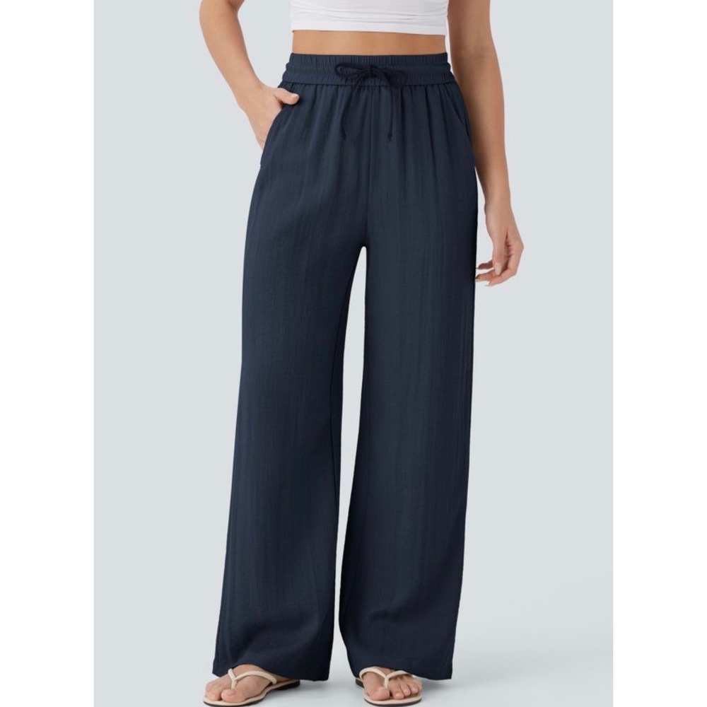 High Waisted Drawstring Pocket Wide Leg Baggy Casual Linen-Feel Pants NWT XS